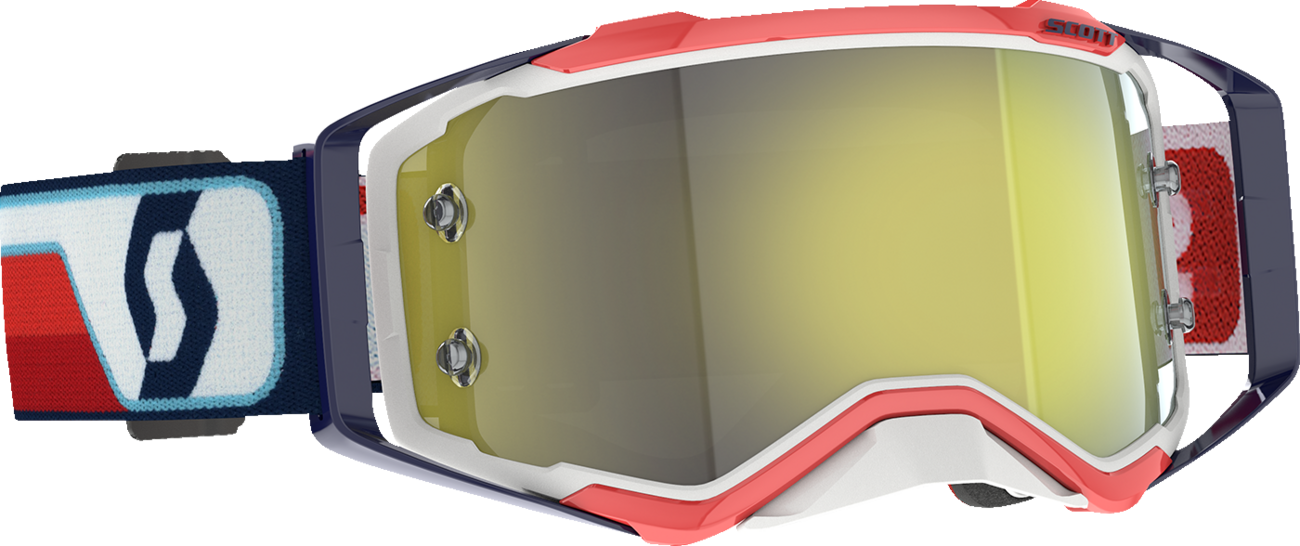 Scott Prospect Goggle in red and white with yellow chrome lens, designed for motocross or off-road riding.