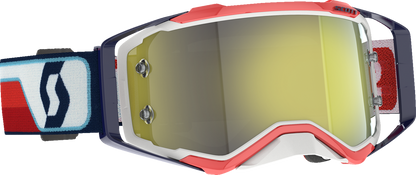 Scott Prospect Goggle in red and white with yellow chrome lens, designed for motocross or off-road riding.