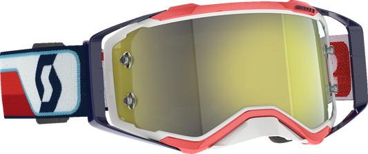 Scott Prospect Goggle in red and white with yellow chrome lens, designed for motocross or off-road riding.