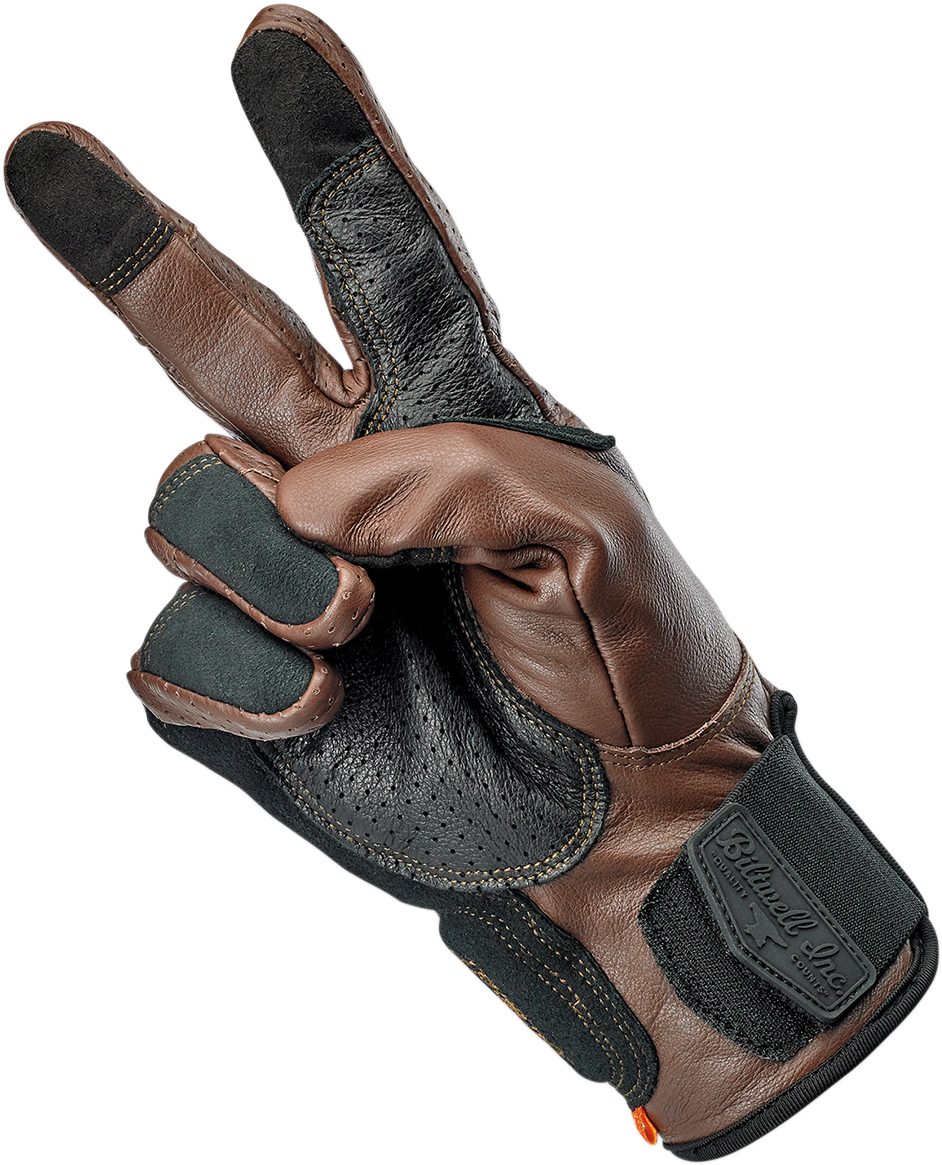 BILTWELL Borrego Gloves in chocolate and black, XS size, made by Bill's Exhausts, showing textured leather and finger details.