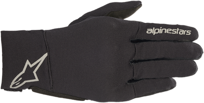Black and reflective Alpinstars Reef gloves in 3XL size, showing textured finger and palm details for motorcycle riding.
