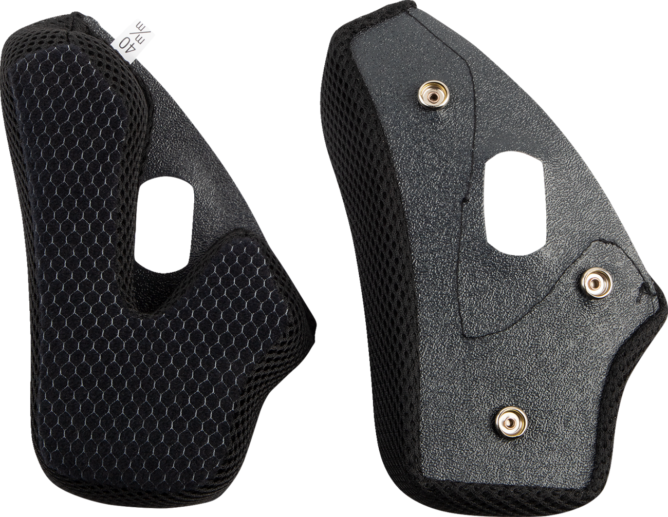 Black AFX FX-37X cheek pads for helmets, large size, fitted inside a motorcycle helmet with visible padding and secure lining.