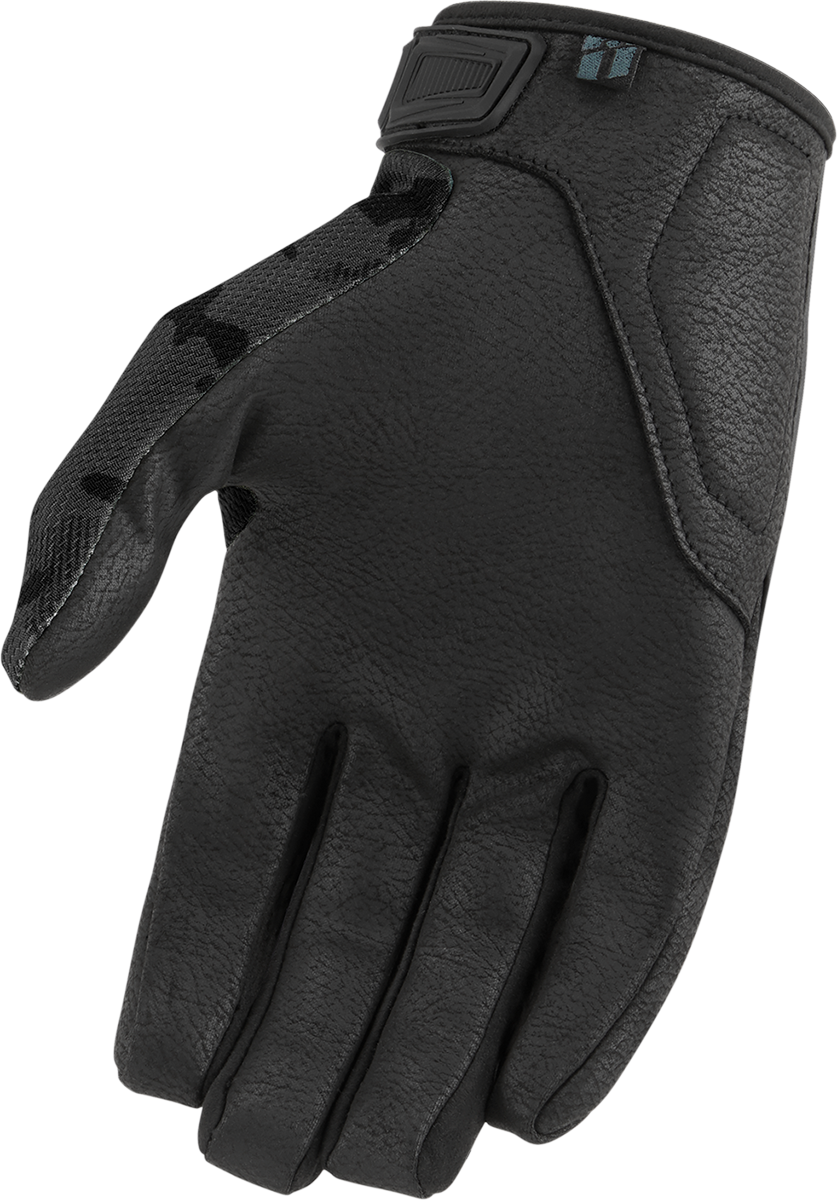 Dark camo ICON Hooligan CE gloves by Bill's Exhausts, large size, showing textured fabric and protective knuckle padding.