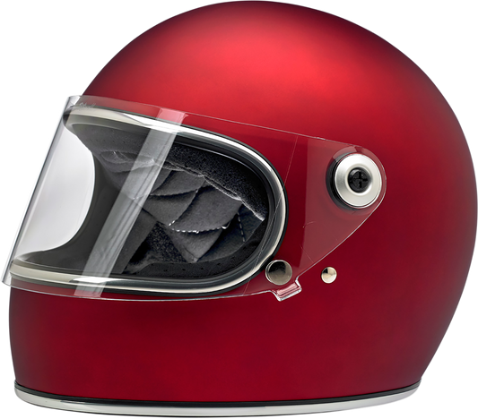 BILTWELL Gringo S helmet in flat red, size XS, with black strap and vents, designed for motorcycle riding safety and style.