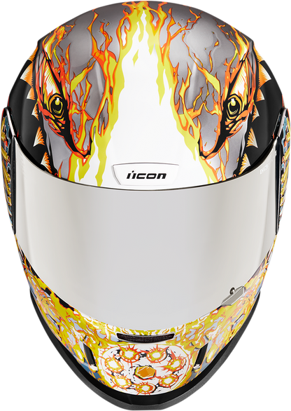 Bill's Exhausts ICON Airform Warthog helmet in XS size, featuring a colorful, aerodynamic motorcycle helmet with vent details.