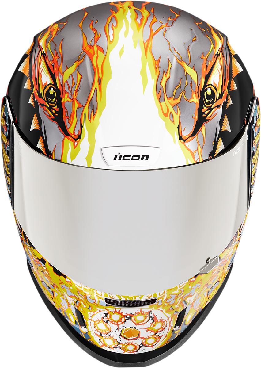 Icon Airform Warthog helmet in small size featuring a sleek black design with detailed graphics and a secure chin strap.