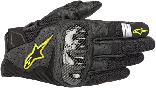Alpinestars SMX-1 Air V2 motorcycle gloves in black and fluo yellow, size XL, showing the protective design and material details.