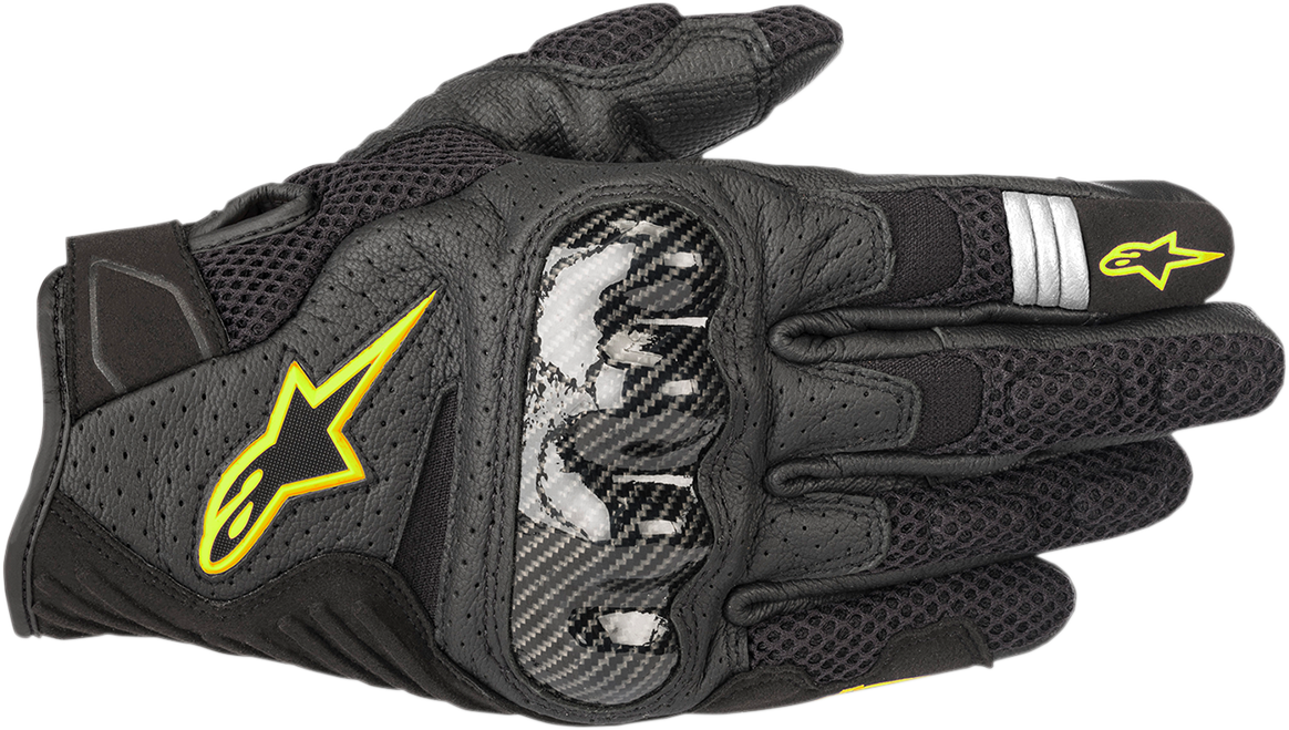 Alpinestars SMX-1 Air V2 motorcycle gloves in black and fluo yellow, large size, showing detailed design and protective features.