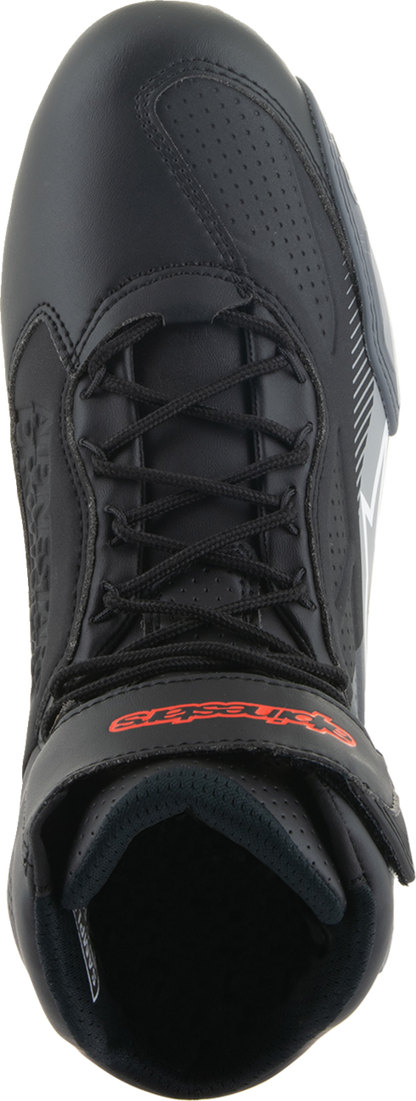 Black, gray, and red Alpinestars Faster-3 motorcycle shoes in US size 10 with durable design and sporty style.