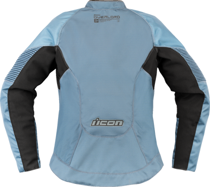 Blue ICON Women's Overlord3™ jacket in XS, featuring a lightweight design and stylish fit, displayed in a natural outdoor setting.
