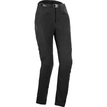 Black Alpinestars Stella Alamosa Pants displayed on a hanger, showcasing their slim fit and modern motorcycle riding style.