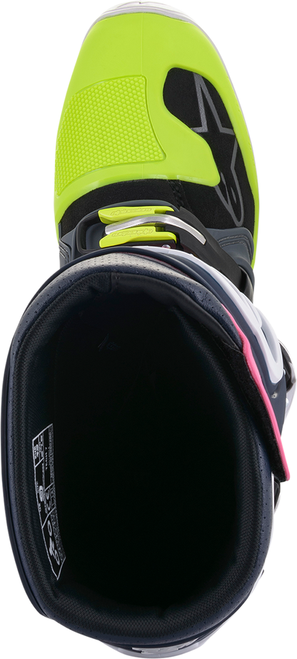 Alpinestars Tech 7 motorcycle boots in black, pink, white, and yellow, US size 11, featuring protective gear and sporty design
