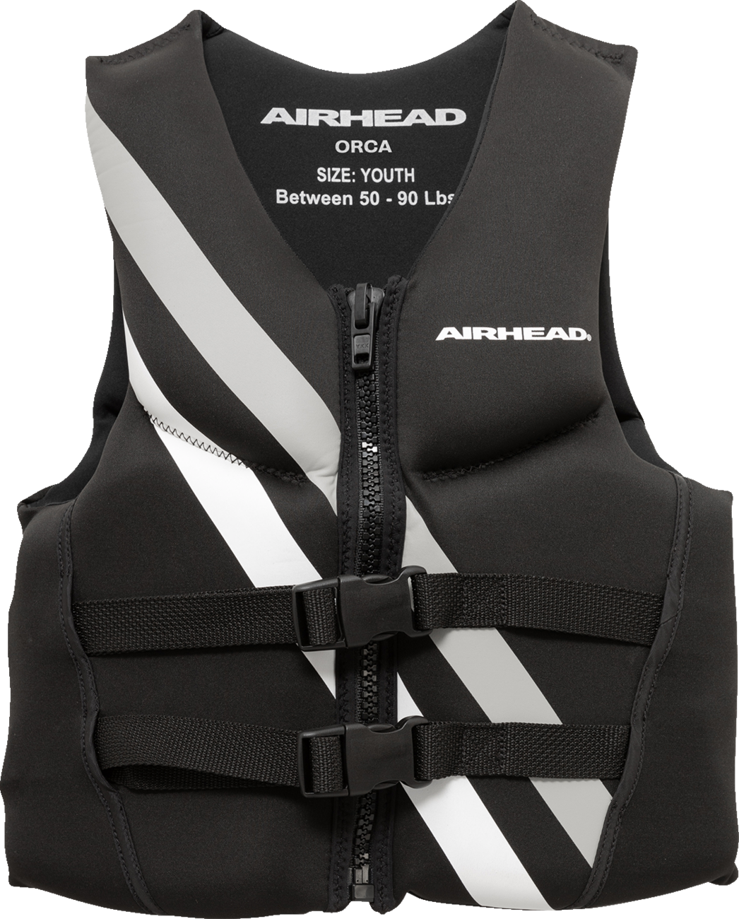Youth Orca vest from AIRHEAD SPORTS GROUP in black and white, designed for water activities, featuring adjustable straps and buoyant material.