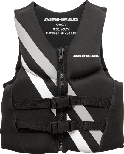 Youth Orca vest from AIRHEAD SPORTS GROUP in black and white, designed for water activities, featuring adjustable straps and buoyant material.
