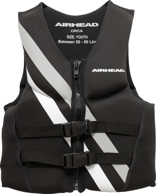 Youth Orca vest from AIRHEAD SPORTS GROUP in black and white, designed for water activities, featuring adjustable straps and buoyant material.