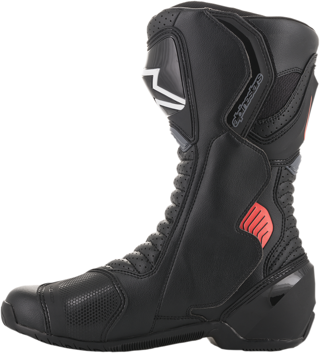 Alpinestars SMX-6 V2 vented motorcycle boots in black, gray, and red with protective features and US size 7.5 / EU 41.
