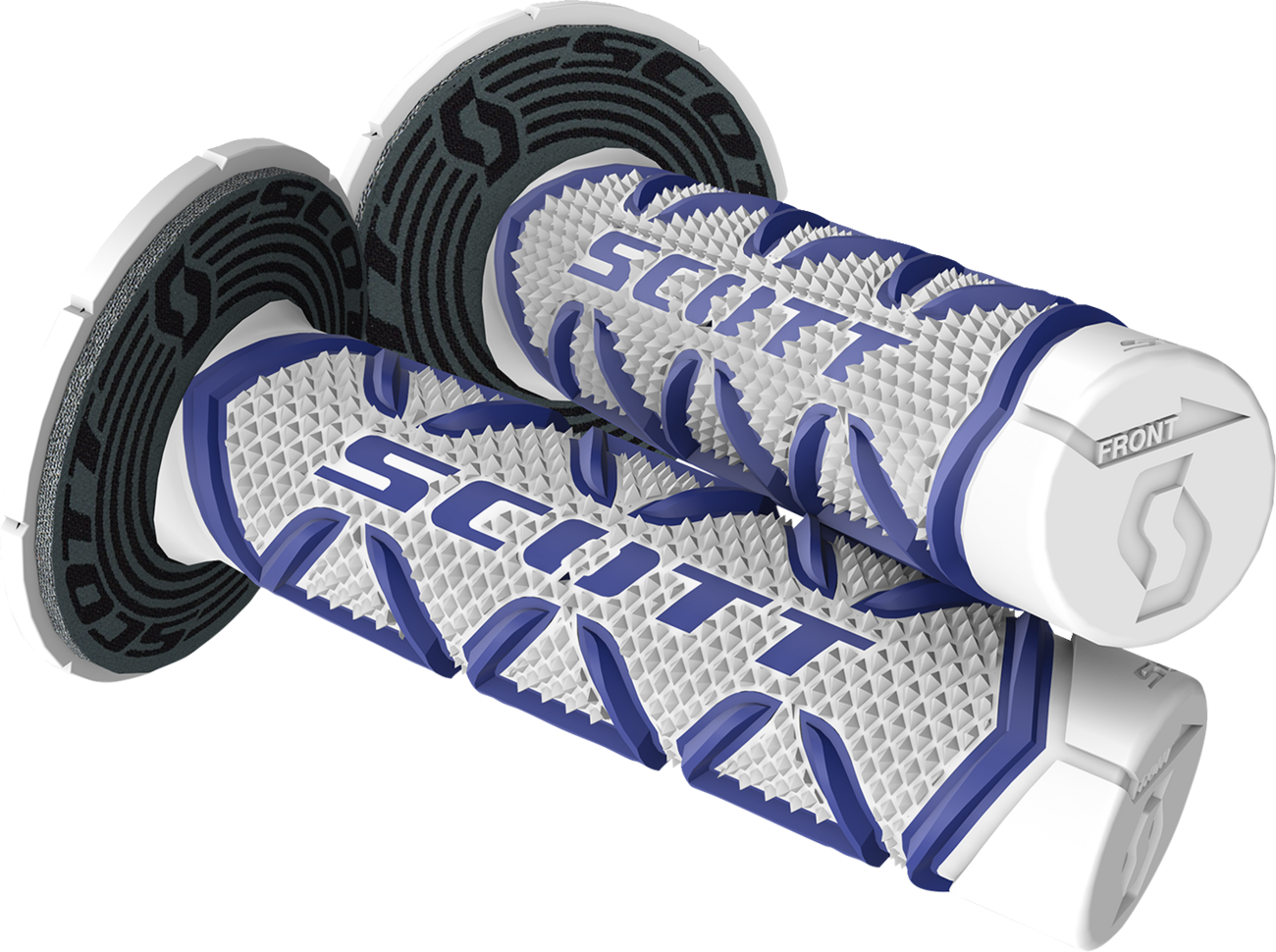 Scott Diamond grips in blue and white, designed for motorcycle engines, with Bill's Exhausts branding.