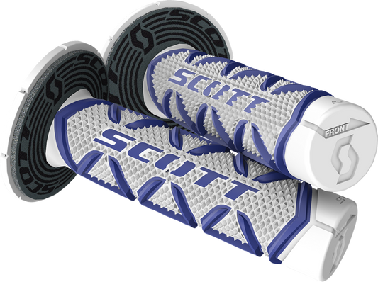 Scott Diamond grips in blue and white, designed for motorcycle engines, with Bill's Exhausts branding.
