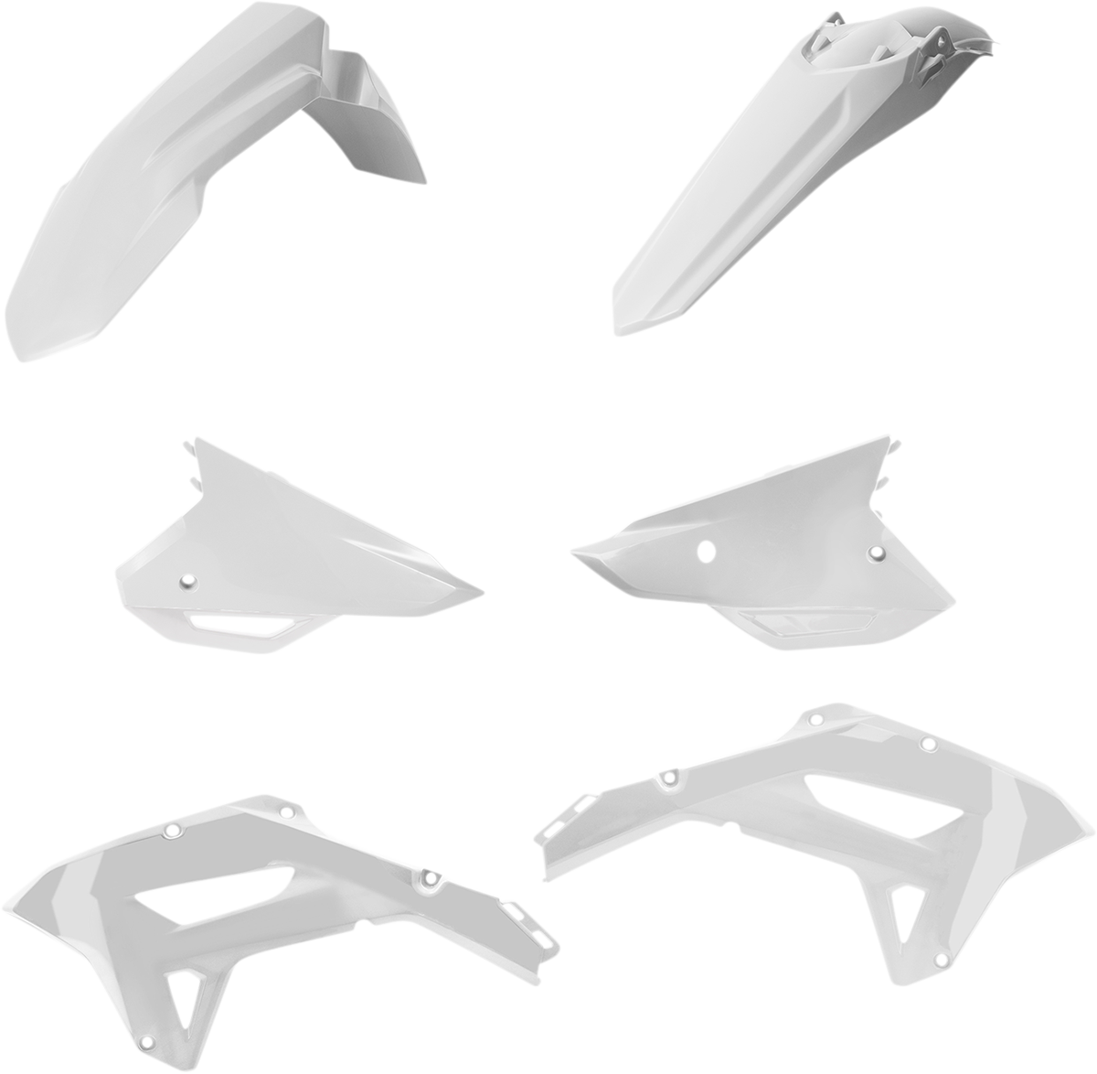 A white Acerbis standard replacement body kit for motorcycles, displayed on a plain background, showing the sleek body panel design.