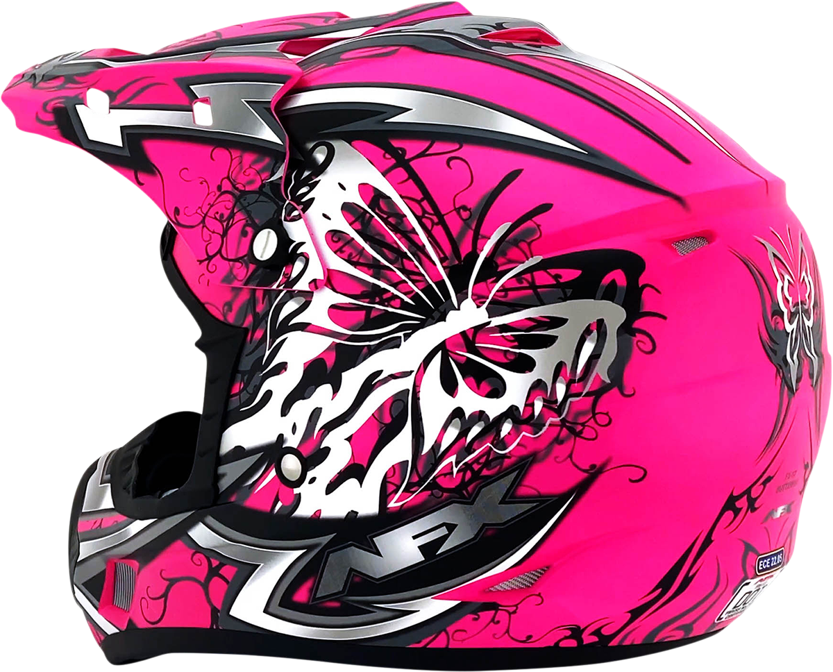 Bill's Exhausts AFX FX-17 Butterfly helmet in matte hot pink, large size, featuring a sleek helmet design and ventilation details.