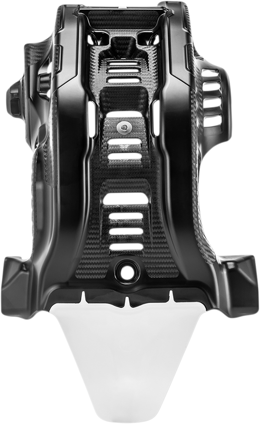 A black and white Acerbis skid plate designed for Husqvarna and KTM motorcycles, providing body protection.