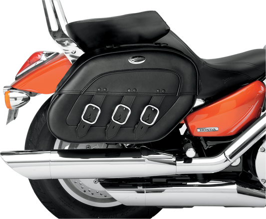 Bill's Exhausts SADDLEMEN Quick Release Drifter Rigid Storage Bag attached to motorcycle seat, durable black storage solution.