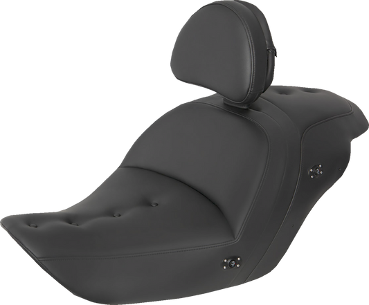 Heated Roadsofa pillow top seat with backrest in black, designed for comfort and warmth, branded by Bill's Exhausts.