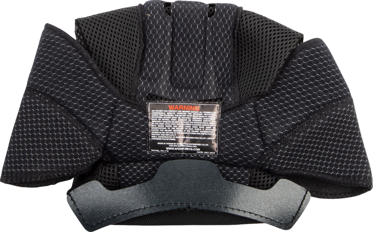 Black AFX FX-37X helmet liner in 2XL size, shown with textured fabric and adjustable straps for motorcycle helmet comfort.