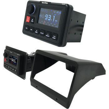Bill's Exhausts NAVATLAS Radio Kit with mount installed in Can-Am Maverick X3 off-road vehicle, showing the radio and mounting hardware.