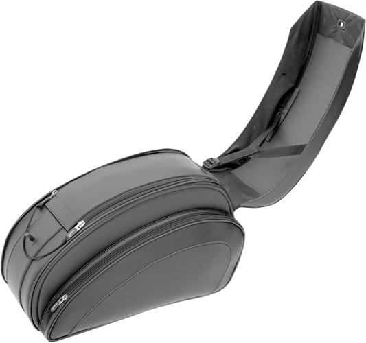 Bill's Exhausts Cruis'n Deluxe Saddlebags for motorcycle with mounting hardware, durable leather design, and secure attachment system.