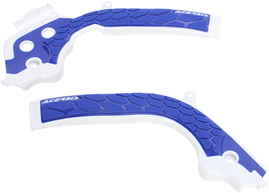 Acerbis X-Grip frame guards in white and blue, designed for motorcycle protection, with a sleek body fit and durable construction.