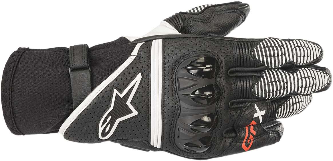Alpinestars GPX V2 motorcycle gloves in black and white, size 3XL, featuring protective armor and adjustable wrist straps.