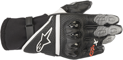 Alpinestars GPX V2 motorcycle gloves in black and white, size 3XL, featuring protective armor and adjustable wrist straps.
