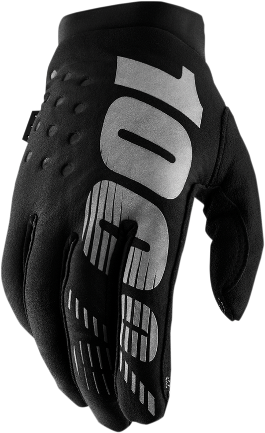 Black and gray 100% Youth Brisker Gloves by Bill's Exhausts, small size, soft fabric with reinforced palms and adjustable wrist closure.