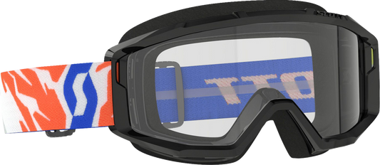 Scott Youth Primal Goggles in black with clear lenses, designed for young riders, with a comfortable adjustable strap and durable frame.