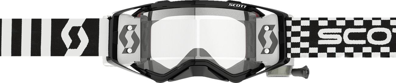 Scott Prospect WFS racing goggles in black and white with clear lenses, designed for motocross and off-road riding.