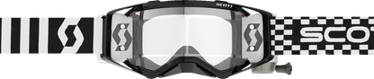 Scott Prospect WFS racing goggles in black and white with clear lenses, designed for motocross and off-road riding.
