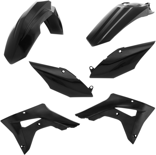 A black Acerbis standard replacement body kit for motorcycles, featuring sleek body panels and mounting points.