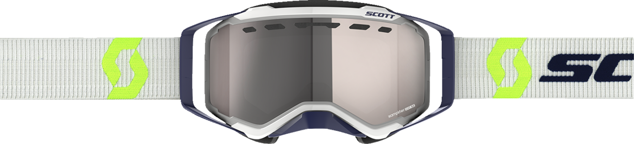 Scott Prospect snow goggles with gray and yellow frame, enhancer silver chrome lenses, designed for winter sports and snowboarding.