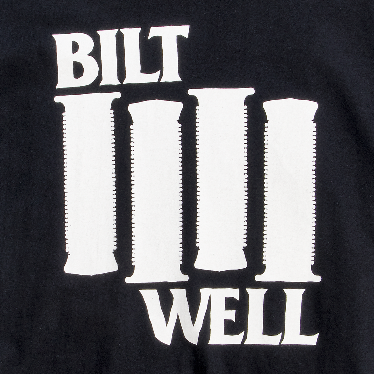 Black BILTWELL Damaged T-Shirt in Small, featuring a distressed graphic design, made by Bill's Exhausts.