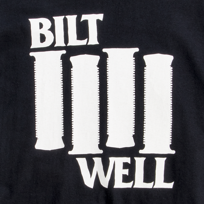 Black BILTWELL Damaged T-Shirt in Small, featuring a distressed graphic design, made by Bill's Exhausts.
