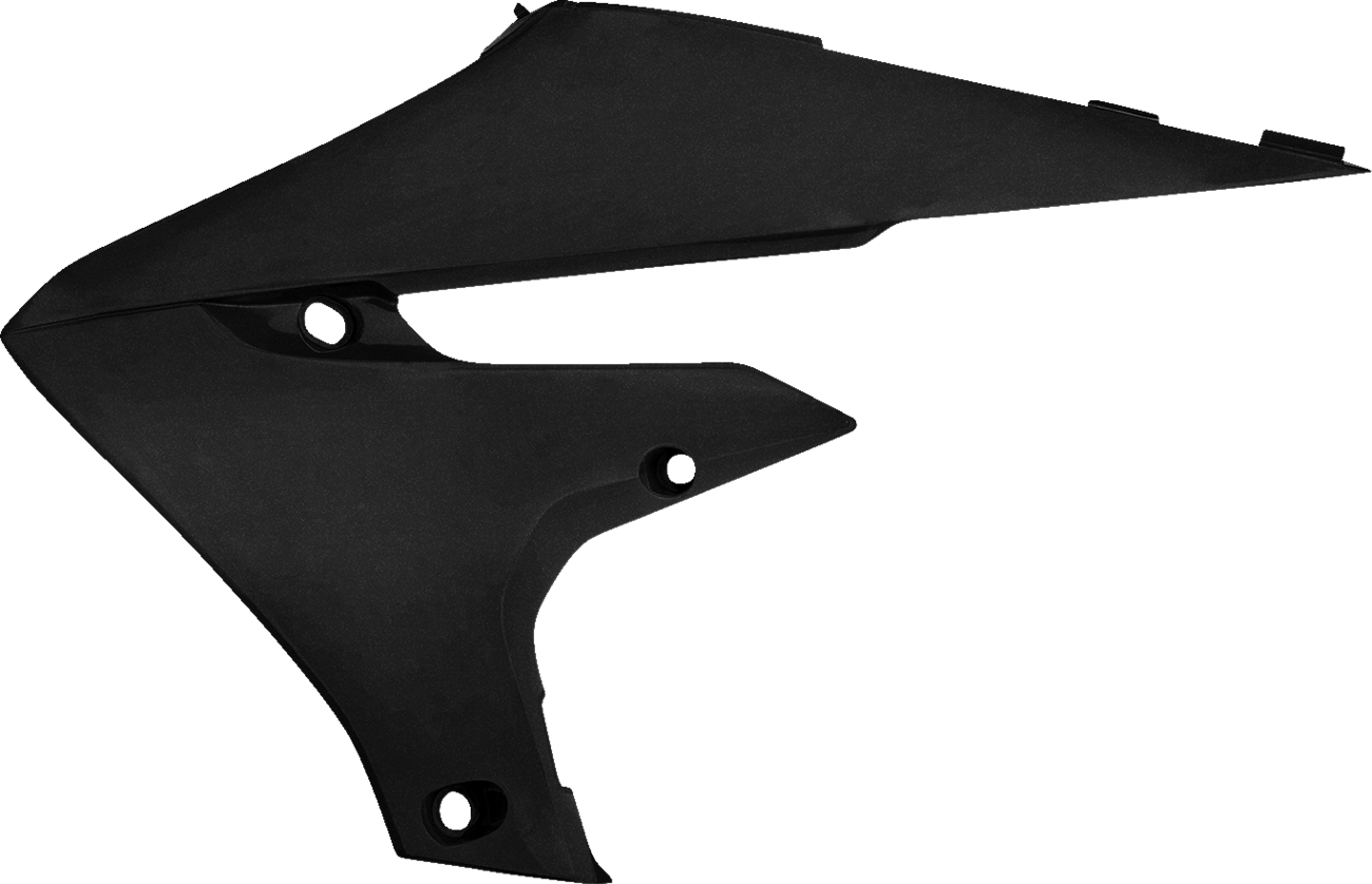 Black metallic Acerbis radiator shrouds for motorcycle body protection, designed for durability and a sleek appearance.
