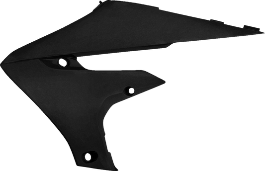 Black metallic Acerbis radiator shrouds for motorcycle body protection, designed for durability and a sleek appearance.