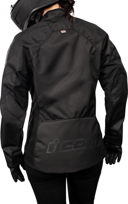 Black ICON Women's Hooligan CE Jacket by Bill's Exhausts, large size, featuring protective design and stylish fit.