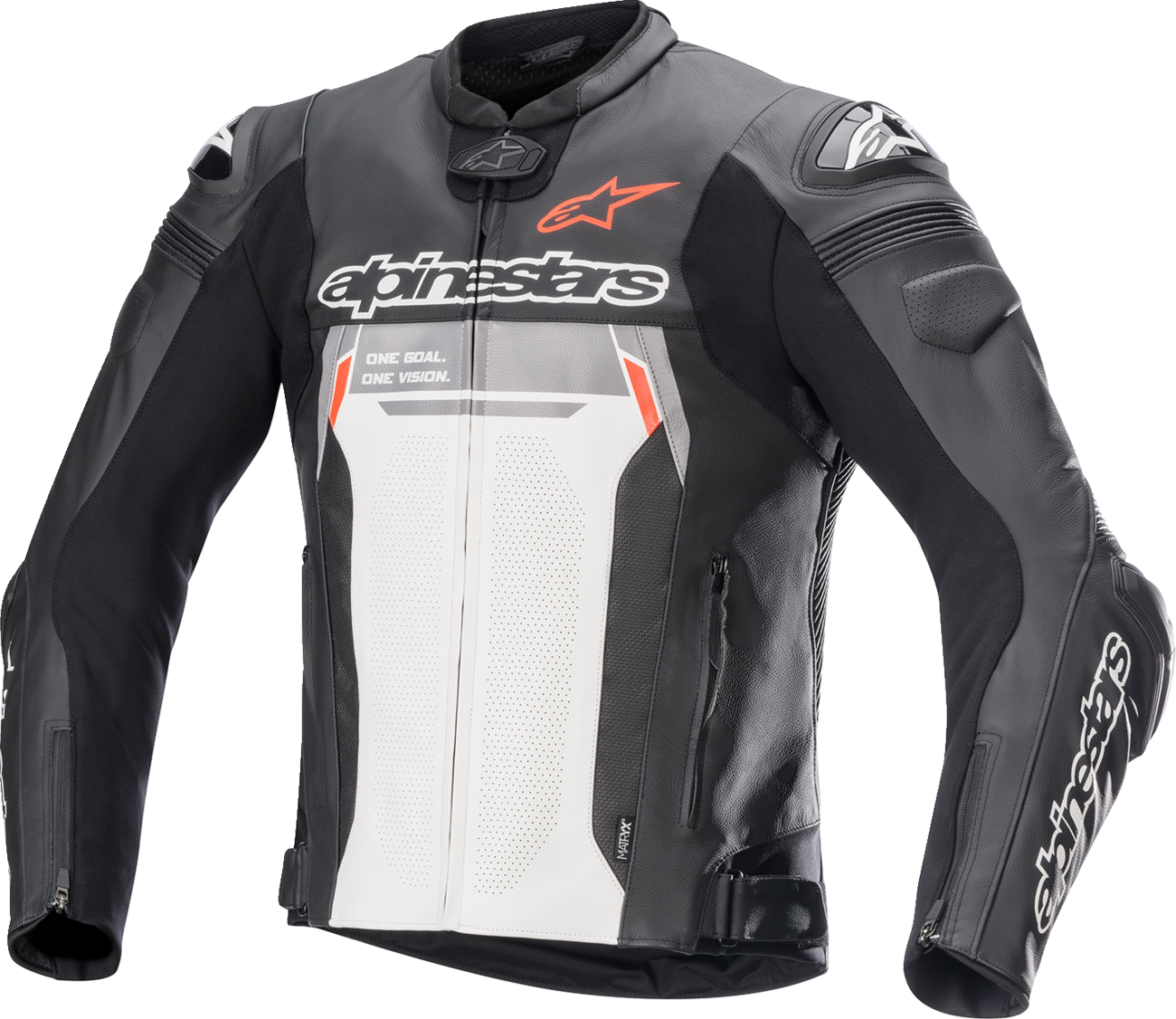 Alpinestars Missile Ignition V2 motorcycle jacket in black and white with US 40/EU 50 size, featuring protective armor and sleek design.