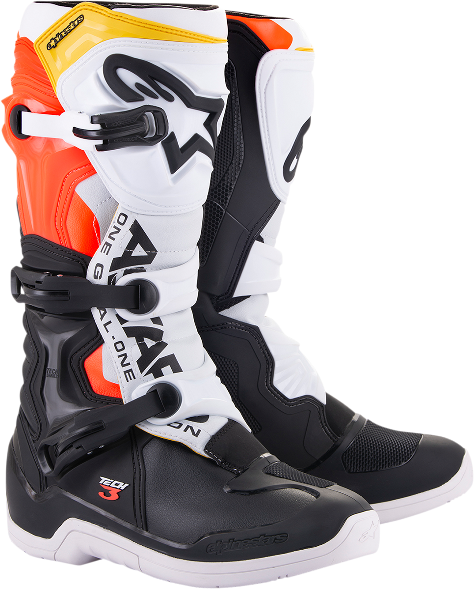Alpinestars Tech 3 motorcycle riding boots in black, white, and orange with sturdy construction and ankle protection, US size 7.