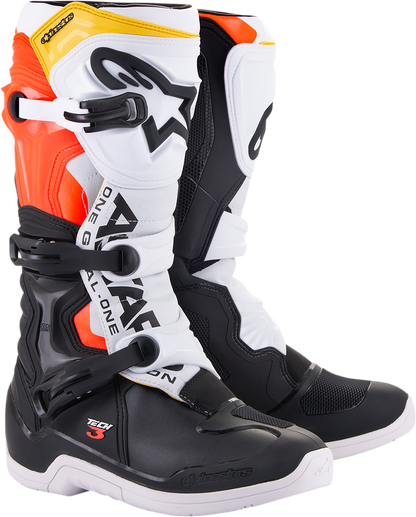 Alpinestars Tech 3 motorcycle riding boots in black, white, and orange with sturdy construction and ankle protection, US size 7.