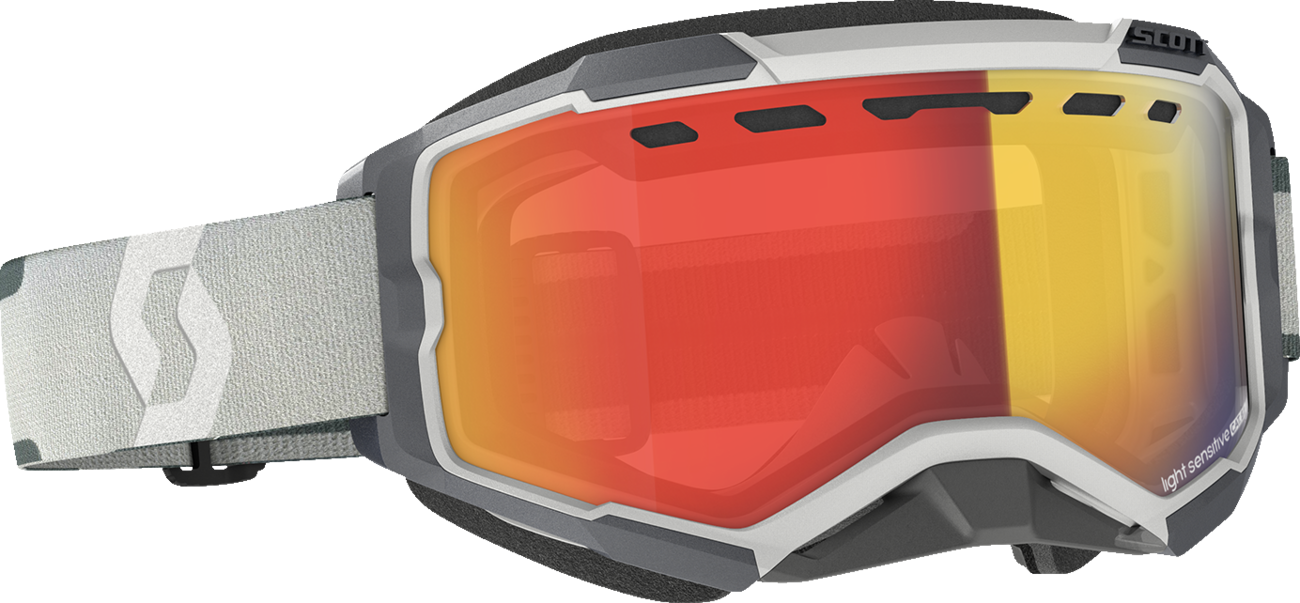 Scott Fury Snow Goggles with light-sensitive gray lens and red chrome frame, designed for winter sports and snowboarding.