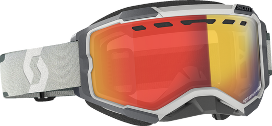 Scott Fury Snow Goggles with light-sensitive gray lens and red chrome frame, designed for winter sports and snowboarding.
