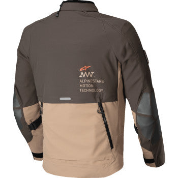 Alpinestars AMT-8 Stretch Drystar XF motorcycle jacket in dark brown and khaki, small size, displayed on a neutral background.